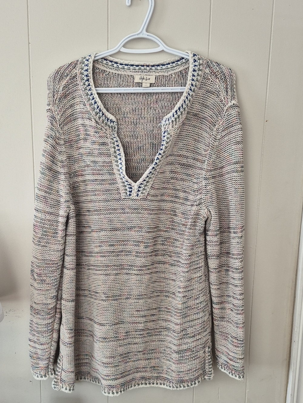 Style & Co. Cream Multicolor Speckled V-Neck Knit Sweater